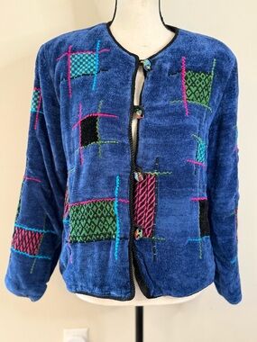 Velour plush patchwork cardigan jacket wearable art SZ LG